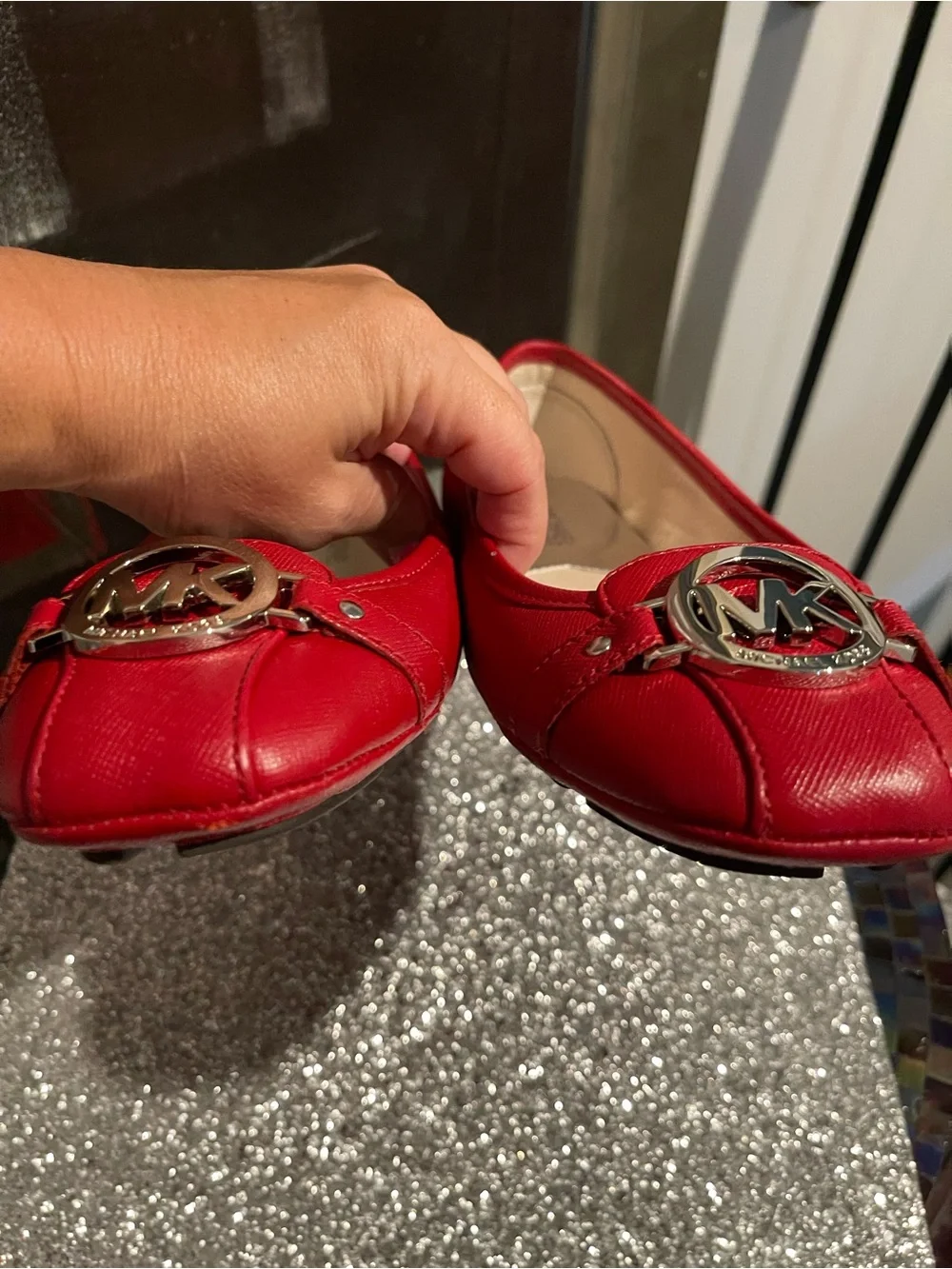 Michael Kors Red Leather MK Logo Round-Toe Ballet Flats